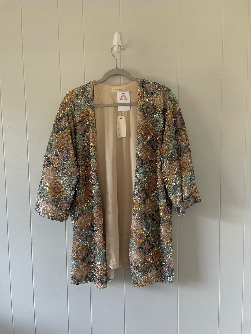 By Together’s Sequin Kimono Cardigan Multicolor Boho Open Front Jacket Size S
